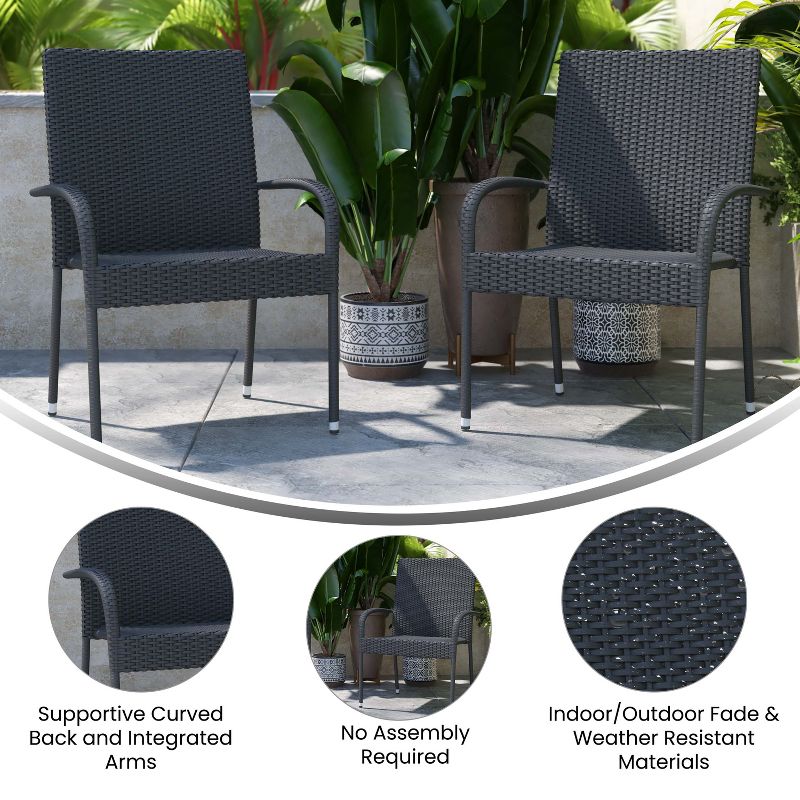 Merrick Lane Set of Indoor/Outdoor Black Wicker Patio Chairs with Powder Coated Steel Frame, Comfortably Curved Back and Arms, 5 of 11