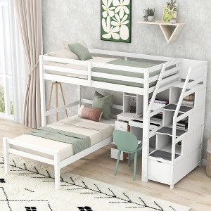Modern Twin Over Twin Loft Bed With Desk Shelves Staircase Storage Drawers, Versatile High Loft Bed Frame With Safety Guardrails Ladder For Kids Teens - 1 of 4