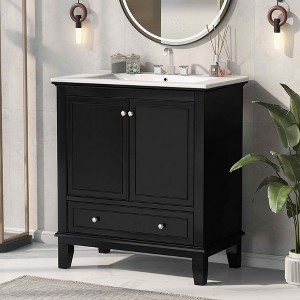 MAYEERTY 30" Bathroom Vanity with Sink Multi-functional Cabinet Doors Drawer Solid Wood MDF Black - 1 of 4