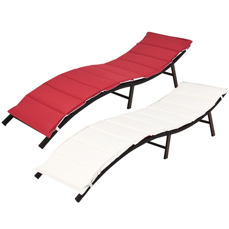 Costway 2PCS Patio Rattan Folding Lounge Chair Stackable Double Sided Cushion Outdoor Red, 2 of 11