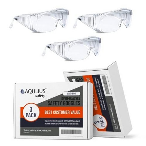 Aqulius 3 Bulk Pack Safety Glasses Over Eyeglasses Anti Fog Scratch Resistant Crystal Clear Eye Protection OTG Goggles