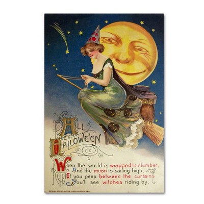Vintage Halloween Witch Greendress Moon Canvas Art with Floater Frame