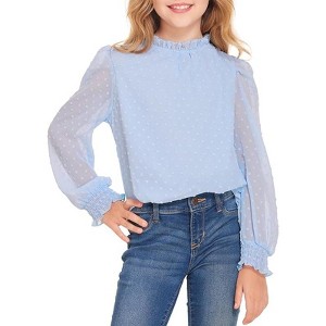 Arshiner Girls Long Sleeve Shirts Chiffon Blouses Swiss Dot Frill Neck Casual Loose Cute Top Tee - 1 of 4