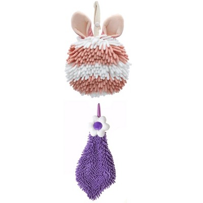 REGALWOVEN 2 Packs Soft Absorbent Flower and Rabbit Shape Decorative Chenille Hand Towel for Bathroom 6" x 15"/7" x 7"