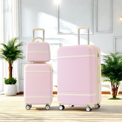 FURNIinspire Bag And Luggage Sets Family Friendly 3 Pieces Luggage And Cosmetic Case Spinner Suitcase With TSA Lock, Light Pink, 20" 28"