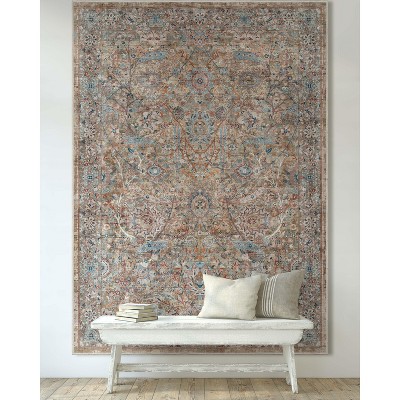 Emilia Persian Floral Blue Synthetic Washable Area Rug 9'10" x 13'