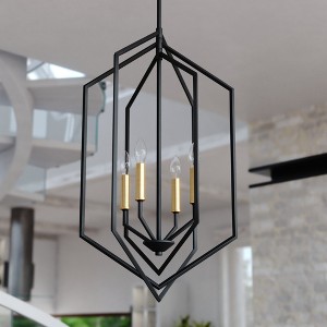 VAXCEL Riley 4 Light Black and Satin Brass Contemporary Geometric Cage Pendant Light - 1 of 4