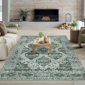 Vintage Rug Irregular Medallion Area Rug Ultra-Thin Non Slip Floral Print Indoor Mat for Living Room Dining Room Bedroom Farmhouse - 1 of 4