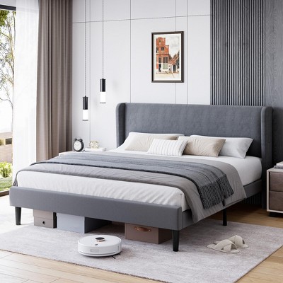 Full Size Bed Frame with Upholstered Headboard,Wooden Platform Bed Frame with 2 Storage Pockets,Vertical Channel Tufted Wingback,Dark Gray