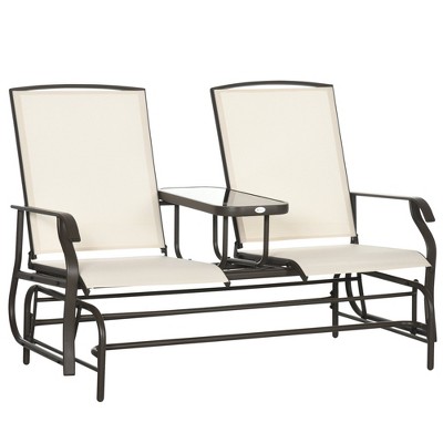 Beige Steel Frame 2-Person Outdoor Glider Bench with Center Table