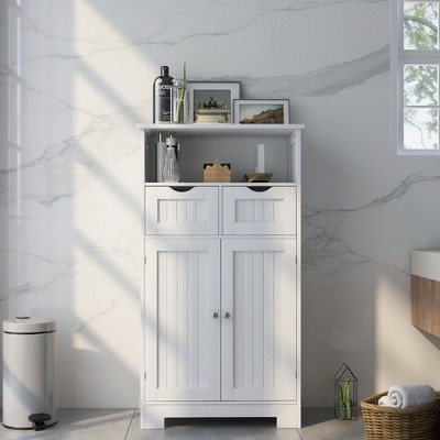 Garvee Bathroom Floor Cabinet, Wooden Freestanding Bathroom Cabinet Organizer with Open Shelf, 2 Adjustable Drawers & 2 Doors, White