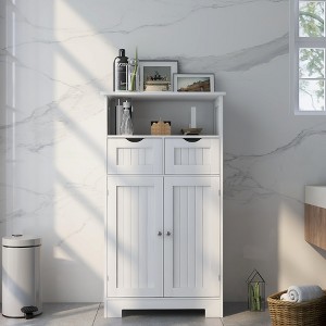 Garvee Bathroom Floor Cabinet, Wooden Freestanding Bathroom Cabinet Organizer with Open Shelf, 2 Adjustable Drawers & 2 Doors, White - 1 of 4