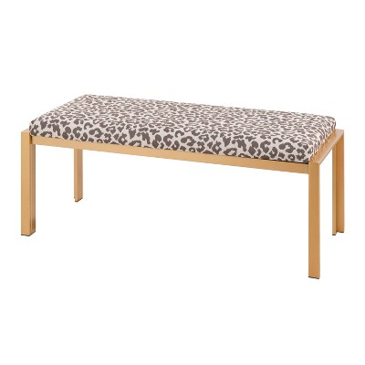 46" Beige Leopard Fabric Gold Metal Bench