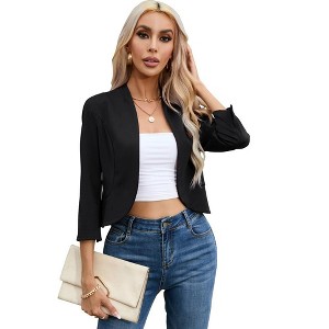 YESFASHION Women's Open Front Office Work Business  3/4 Sleeve Casual Lightweight 2025 Summer Crop Suit Blazer - 1 of 4