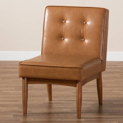 Arvid Walnut Brown Wood & Tan Faux Leather Mid-Century Side Chair