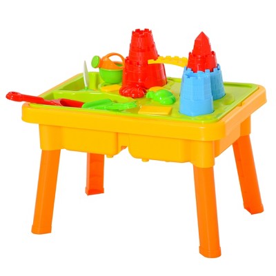 Qaba 23PCs Kids Sand and Water Table Beach Play Toddler Activity Sandbox Summer Beach Toy sets with Castle Shape Molds Lid Accessories Multicolor