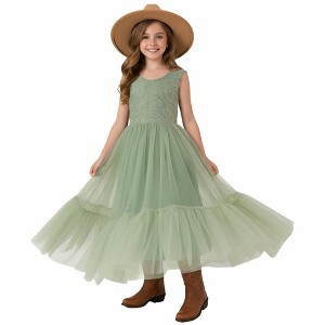 2Bunnies Girls' Paisley Lace Tulle Sleeveless Ruffled Maxi Dress - 1 of 4