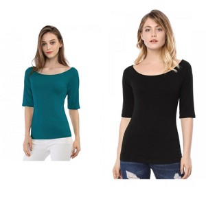 Allegra K Women's Half Sleeves Scoop Neck Fitted Layering Soft T-Shirt 2 Packs - 1 of 4