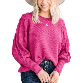 Womens Jersy Knit Chunky Sweaters with Puff Long Cuff Sleeve Comfy Pullover Sweater Crew Neck Jumper Solid Color Winter Sweater