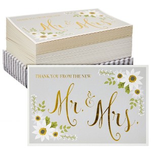 Sustainable Greetings 48-Pack Gold Foil Thank You From The New Mr and Mrs Cards with Envelopes, Bulk Decorative Striped Cards for Wedding, 4 x 6 in - 1 of 4