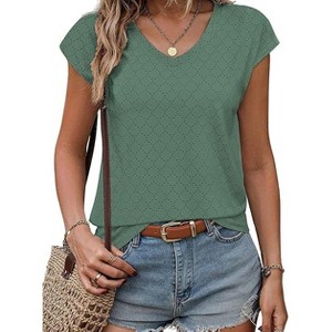 Zeagoo Women's Tank Top V Neck Eyelet T Shirts Cap Sleeve Tops Loose Fit Blouses Dressy Casual Summer Basic Shirts - 1 of 4