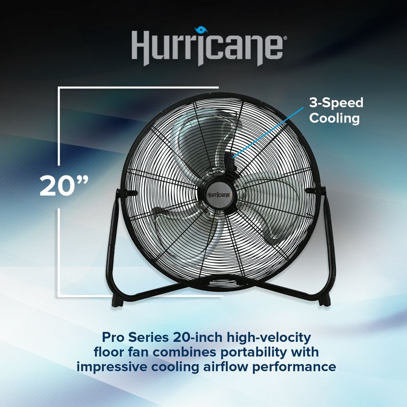 Hurricane Pro 20 Inch Aluminum High Velocity Heavy Duty Metal Floor Blade Fan with 3 Customizable Speed Settings and Adjustable Tilt, Black, 3 of 7