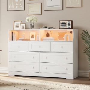 7 Drawer Dresser for Bedroom with LED Lights, Wooden Chest of Drawers with 2 Open Compartments and Charging Station for Closet, Entryway - 1 of 4