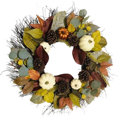 Northlight Pumpkin, Pinecone, and Gourd Artificial Fall Harvest Wreath, 24-Inch, Unlit