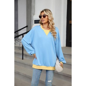 Women's Round Neck Split Hem Sweatshirt Mid-Length Relaxed Pullover with Diagonal Color Insert - 1 of 4
