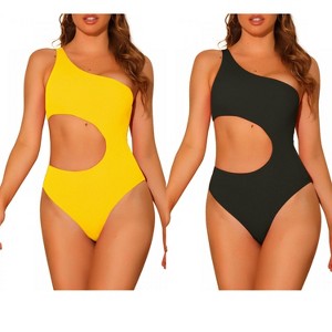 Elerevyo Women's One Shoulder Monokini Asymmetric Waist Cutout Solid Swimwear Bathing Suit 2 Sets - 1 of 4