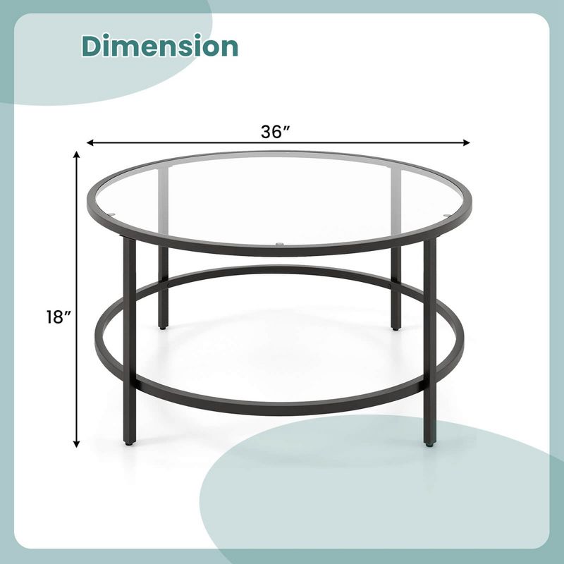 Costway 36'' Round Coffee Table Tempered Glass Tabletop Metal Frame Living Room Black/Golden, 3 of 11