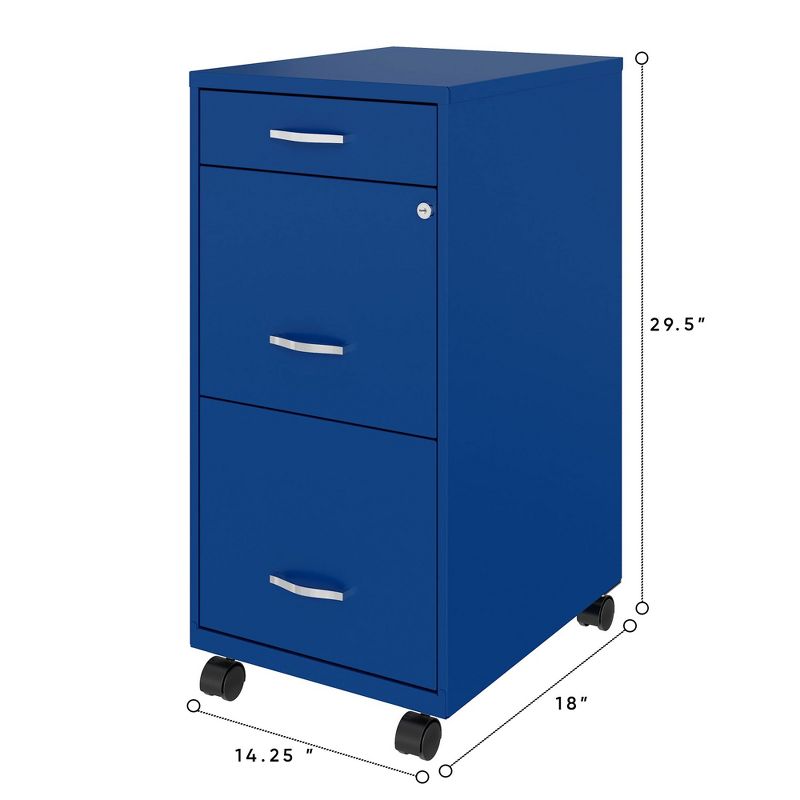 Space Solutions 18 Inch Wide Metal Mobile Organizer File Cabinet for Office Supplies and Hanging File Folders w/ Pencil Drawer & 3 File Drawers, Blue, 4 of 7