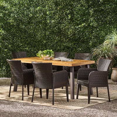 GDFStudio Delgado Outdoor Acacia Wood and Wicker 7 Piece Dining Set