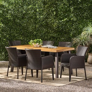 GDFStudio Delgado Outdoor Acacia Wood and Wicker 7 Piece Dining Set - 1 of 4