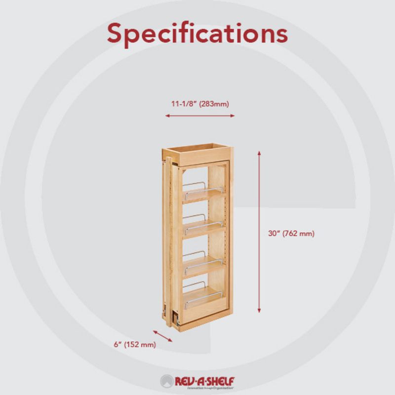 Rev-A-Shelf 6"W x 30"H Pull Out Shelf Organizer for Between Wall Kitchen Cabinets, Filler Spice Rack & Seasoning Storage Holder, Maple Wood, 432-WF-6C, 5 of 8