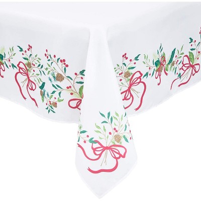 Okuna Outpost White with Bows & Branches Dining Tablecloth Table Cover for Christmas Party, 54 x 108 in