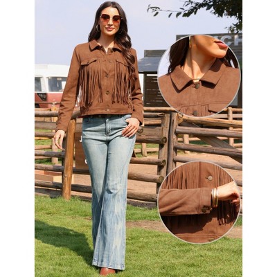 INSPIRE CHIC Women's Turndown Collar Faux Suede Fringe Button Down Long Sleeve Vintage Crop Jackets Medium Brown — фото 2