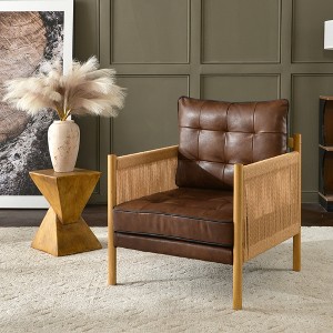 KINWELL Mid-Modern Accent Chair with Jute Rope Arms & Top-Grain Leather Upholstery - 1 of 4