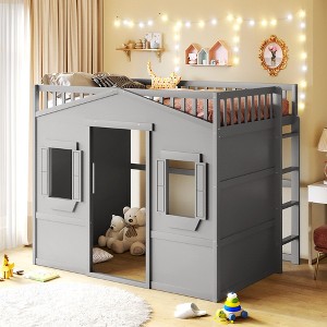 PAGED Twin Size Loft Bed with Under-bed Space, Wooden Bed Frame with Windows, Ladder and Guardrail, Modern Bunk Bed for Boy and Girl - 1 of 4