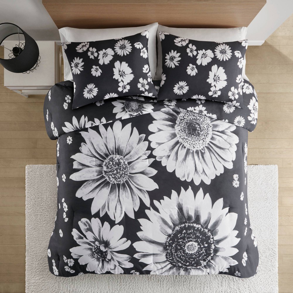 Twin/Twin Extra Long Intelligent Design Teen Elowen Floral Reversible Kids&#39; Comforter Set Black/White: Hypoallergenic Bedding