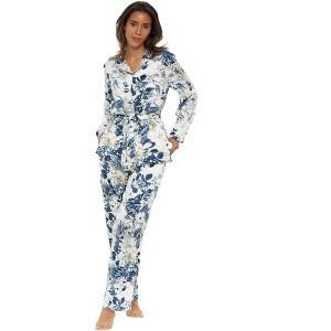 ADR Women's Front Tie Pajamas Lounge Set, Long Sleeve Top and Pants, Silky Pjs Floral Flowers - 1 of 4