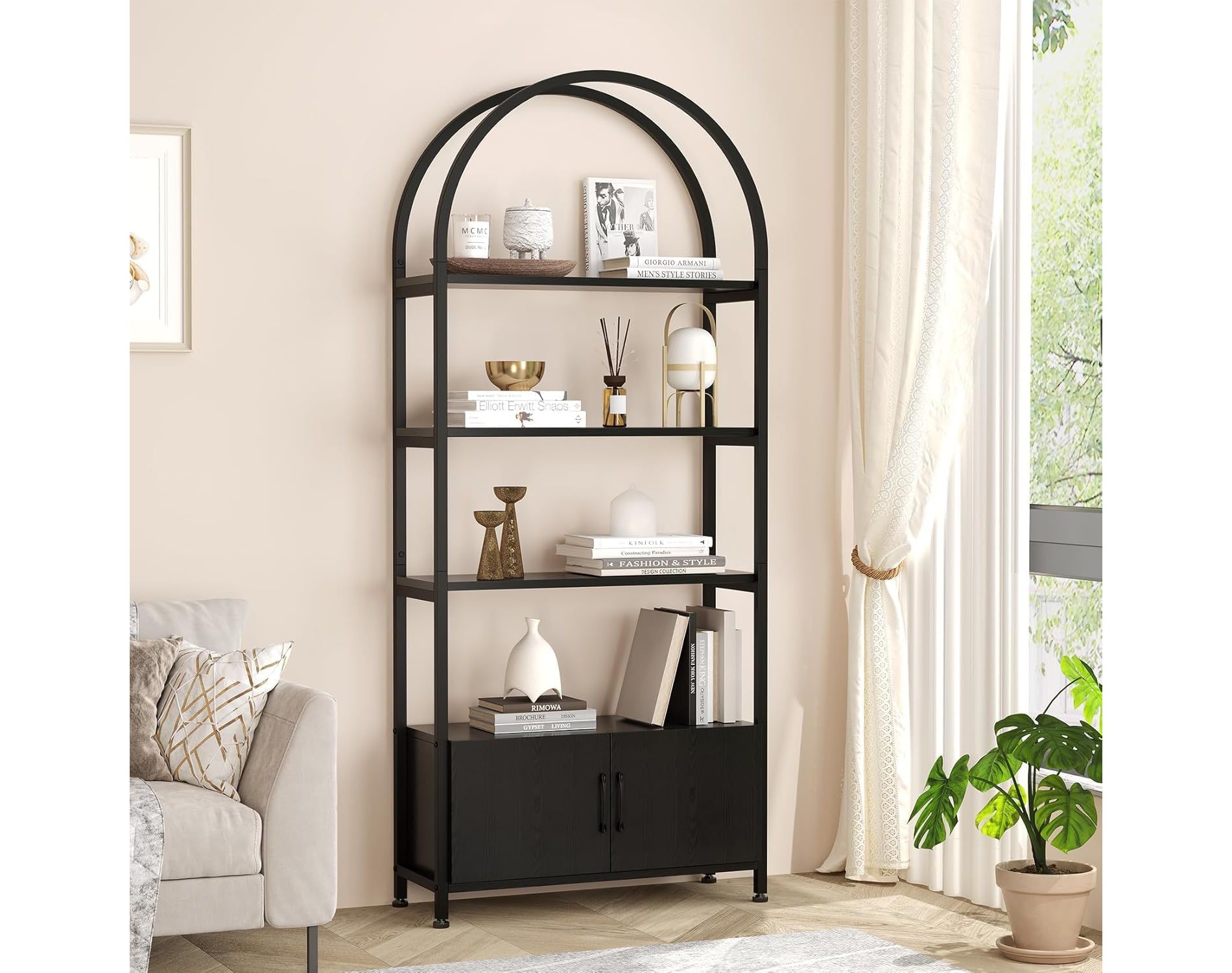 COUCHETA 71.5'' Tall 4-Tier Arched Bookshelf with Doors, Industrial Style,  Industrial with Studry Metal Frame and Open Shelves