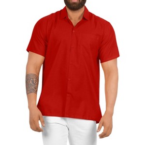 HAPPY BAY Men's Short Sleeve Button Down Casual Collar Camp Summer Beach Shirts Business Dress Shirts Vacation Solid Shirts with Pocket - 1 of 4