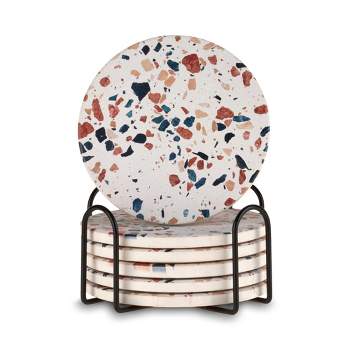 Twine Terrazzo Coasters, Stoneware Coaster Set, White Coasters with Stand, Coffee Table Decor, Set of 6, Multicolor