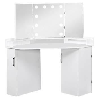 HOMES: Inside + Out Fireheart Corner Makeup Vanity Table with Mirror Set with Glam Light Bulbs White