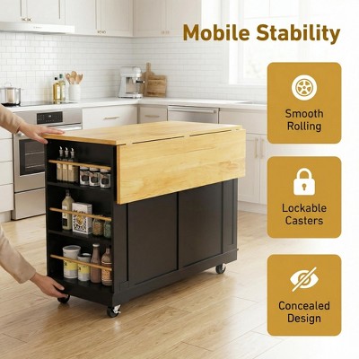 LauKingdom 48" Large Kitchen Island with 2 Bar Stools, Power Outlet, Drop Leaf Countertop, 5 Wheels, 2 Drawers, Door Storage Rack & Open Side Shelves, Black — фото 6