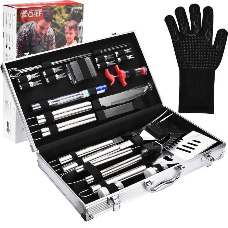 Commercial Chef 25 Piece Stainless Steel Barbeque Grill Accessories Tool Set with Aluminum Hard Case, 1 of 8