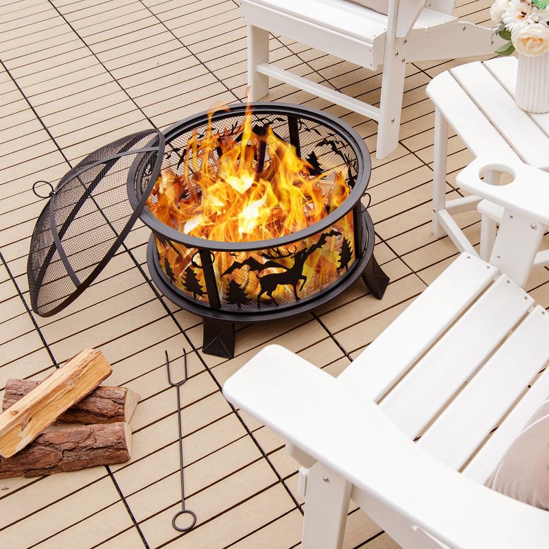 Costway 26" Outdoor Fire Pit Wood Burning Metal Firepit Bowl with Spark Screen Poker, 2 of 10