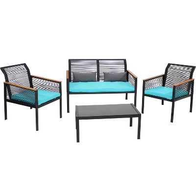 Sunnydaze Outdoor Rattan Coachford Patio Conversation Furniture Set with Loveseat, Chairs, Seat Cushions, and Coffee Table - Blue - 4pc