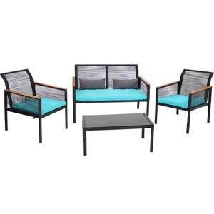 Sunnydaze Outdoor Rattan Coachford Patio Conversation Furniture Set with Loveseat, Chairs, Seat Cushions, and Coffee Table - 4pc - 1 of 4